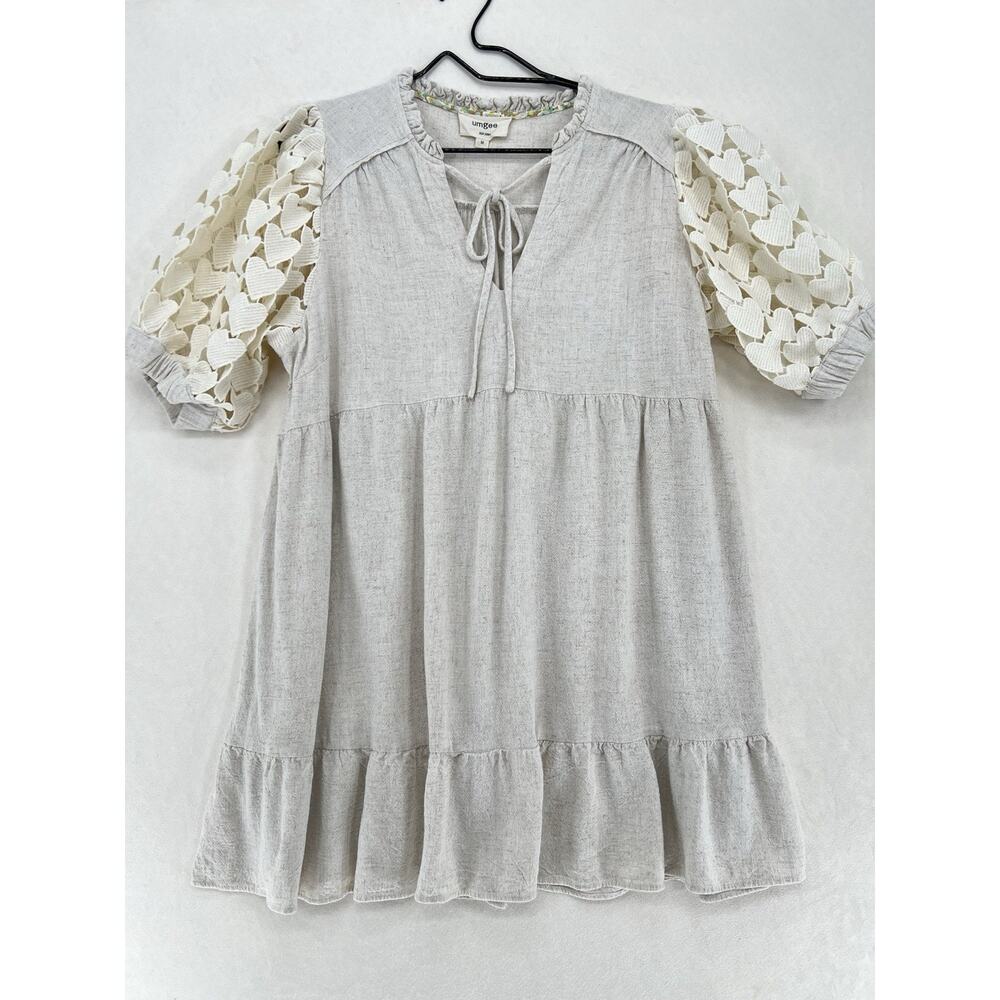 Umgee Linen Cotton Babydoll Dress Heart Sleeve Tunic Cream Beige Boho Size M